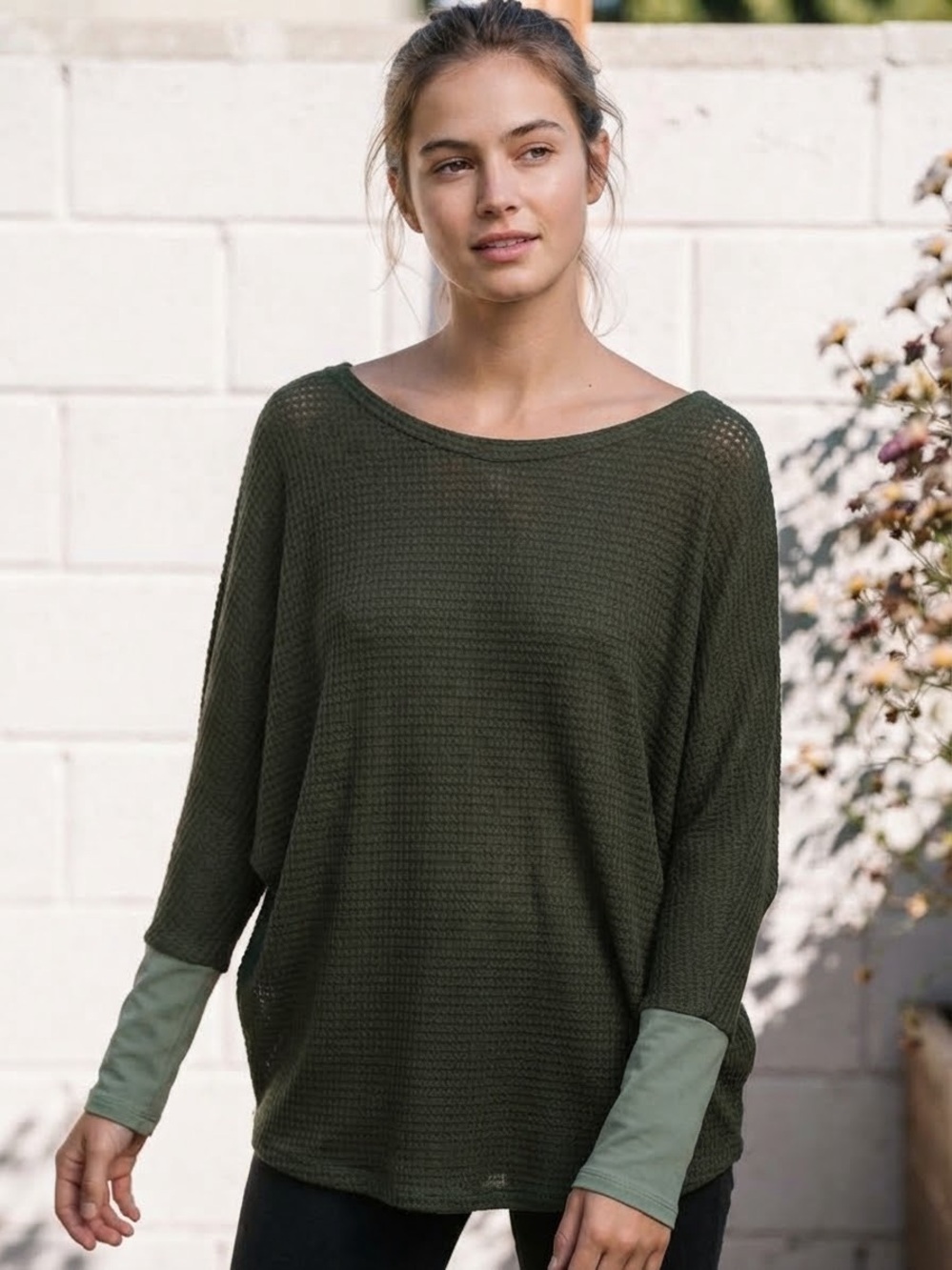 BiBi Olive Green Waffle Knit Dolman Sleeve Top Size Large NWOT